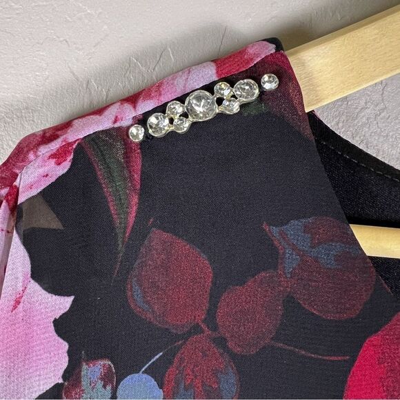 Floral Chiffon Cape Popover Sheath Dress Overlay Black Red Pink Knee Length 18W - Picture 12 of 16